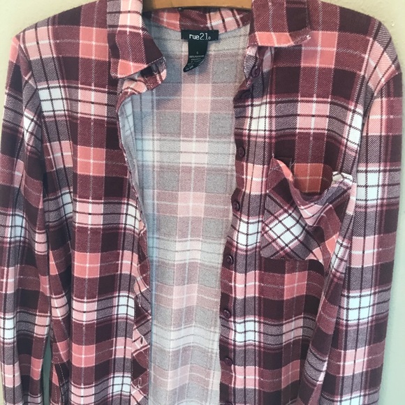 Rue 21 Red And Pink Plaid Button Up Size Small - Picture 3 of 5